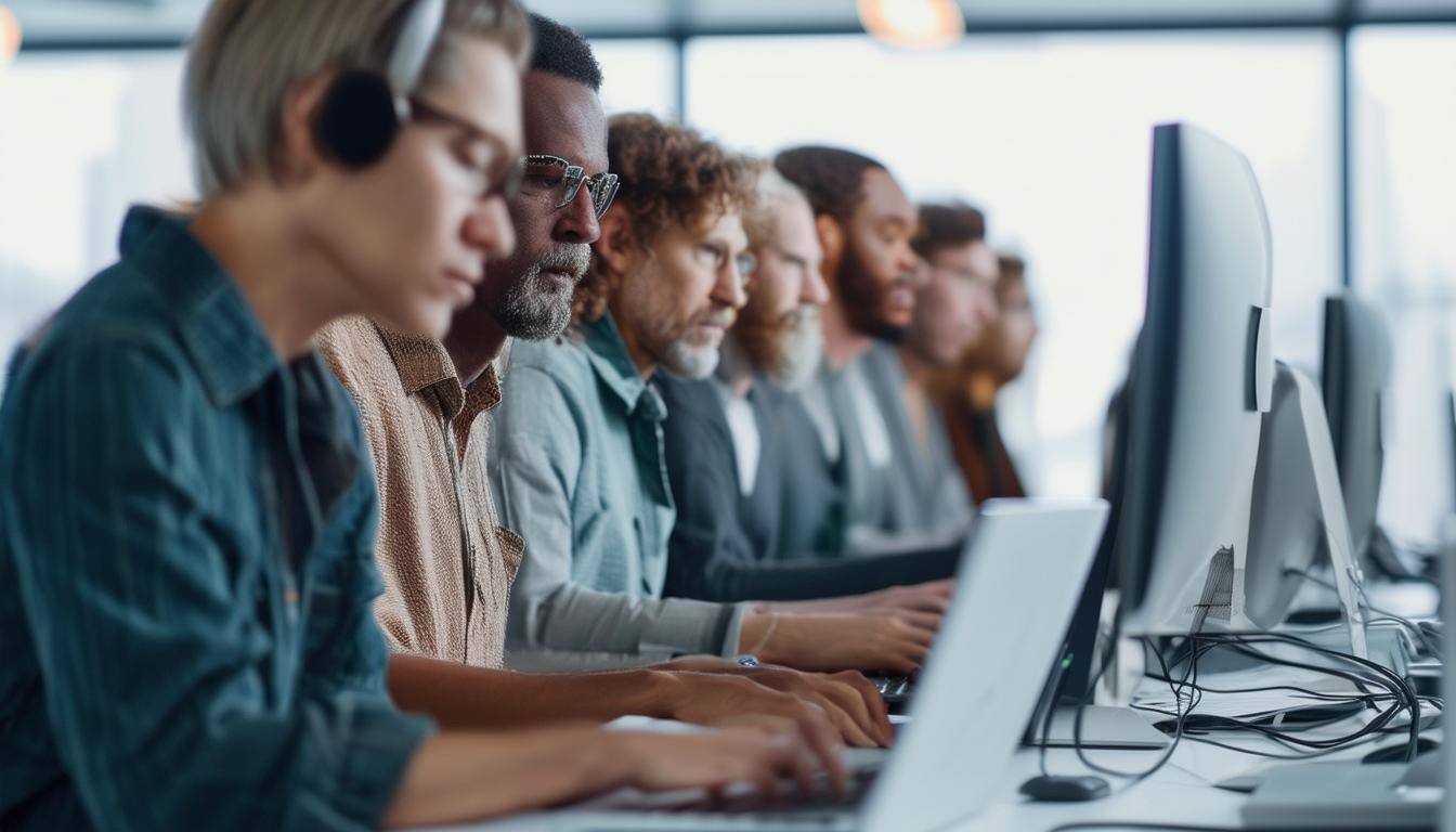 real humans in a modern office around age 45 working on laptops and desktop computers