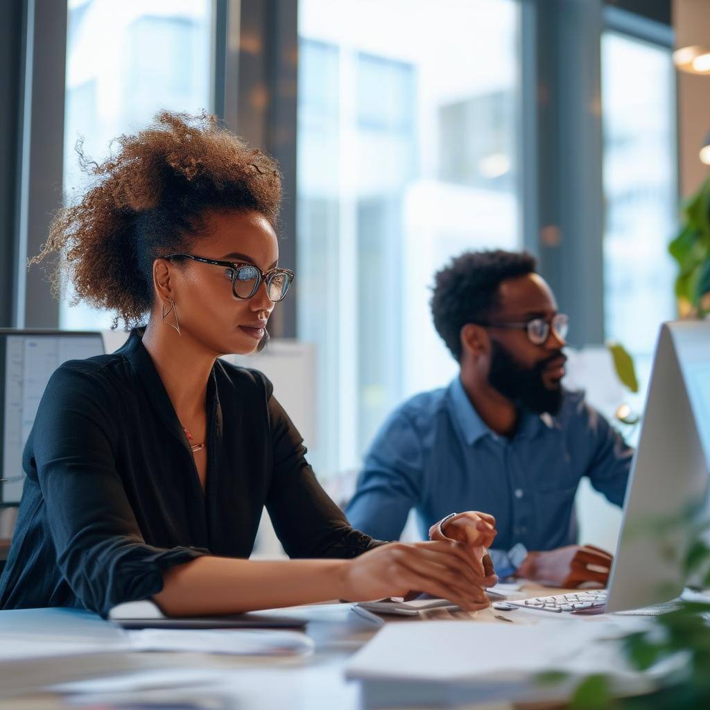 show two people in a modern office doing advanced analytics